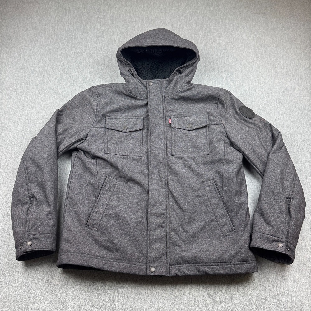 Levis Jacket Mens Medium Gray Trucker Soft Shell Two Pocket Sherpa Lined Hooded